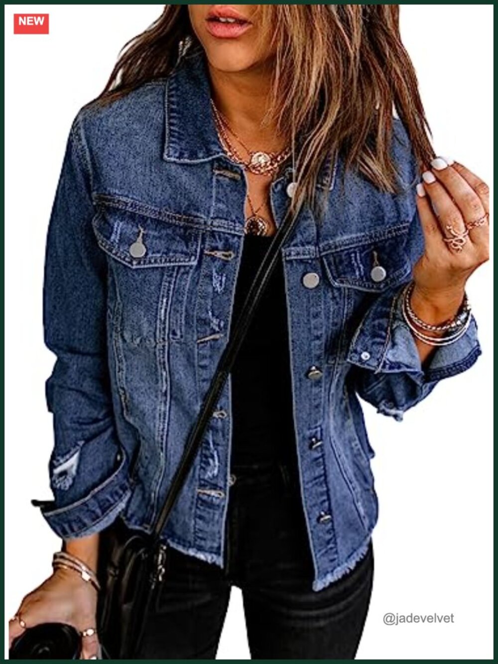 Womens Cropped Boyfriend Denim Jacket Distressed Fringe Hem Button Up